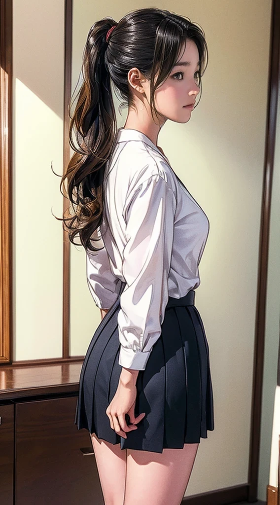(masterpiece、highest quality、highest resolution、clear_image、Detailed details): (full body figure、15 year old girl、from behind, 1 walking girl, beautiy Japanese office lady, (smile:0.5), (looking at the the viewer), 30 years old, bit chubby, white shirt, black skirt, office room, desk, (small breasts, buttocks:1.2), detailed beautiful face, wavy pony-tail hair, from below,
