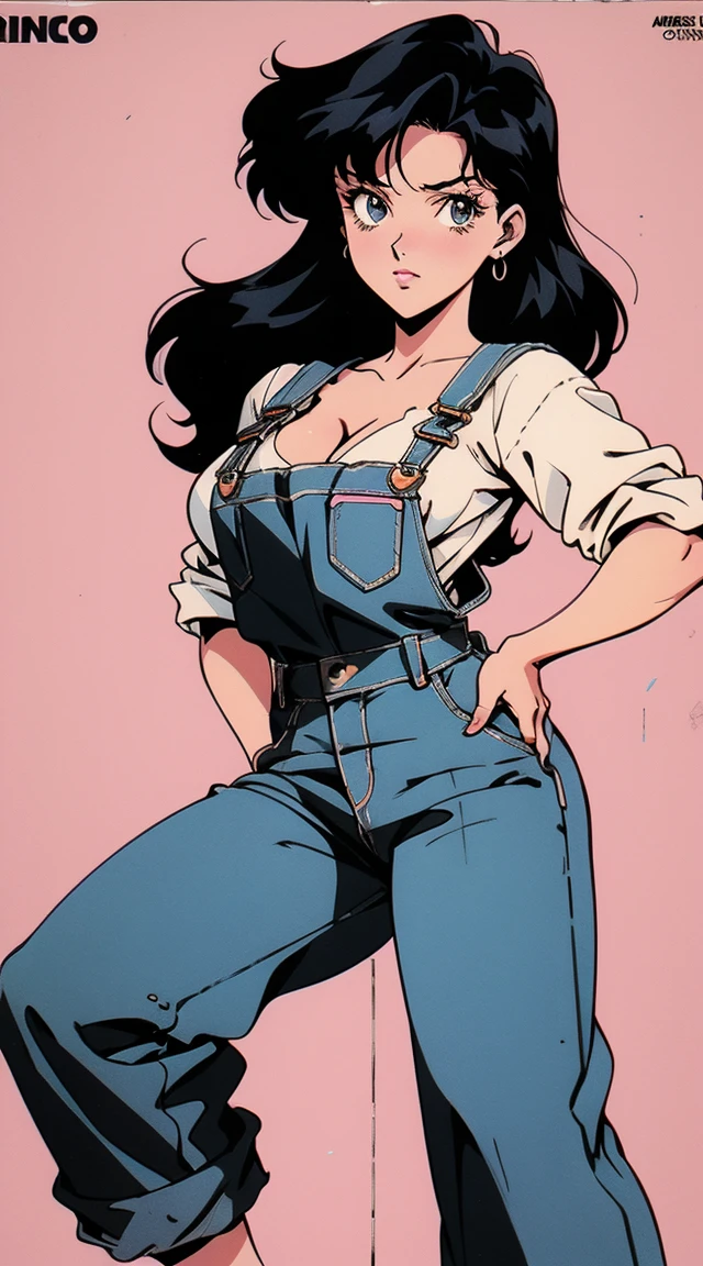 anime girl, 90s anime, vintage classic anime aesthetic, pink overalls, white shirt, short overalls, long black hair, cleavage, dinamic poses
