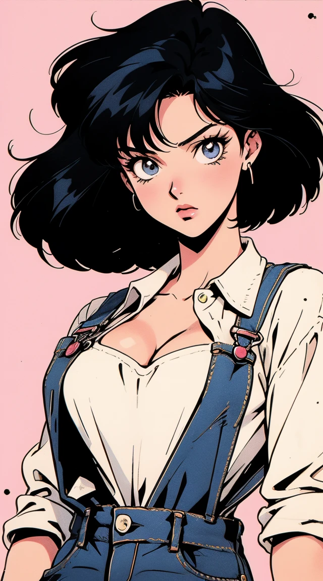 anime girl, 90s anime, vintage classic anime aesthetic, pink overalls, white shirt, short overalls, long black hair, cleavage, dinamic poses