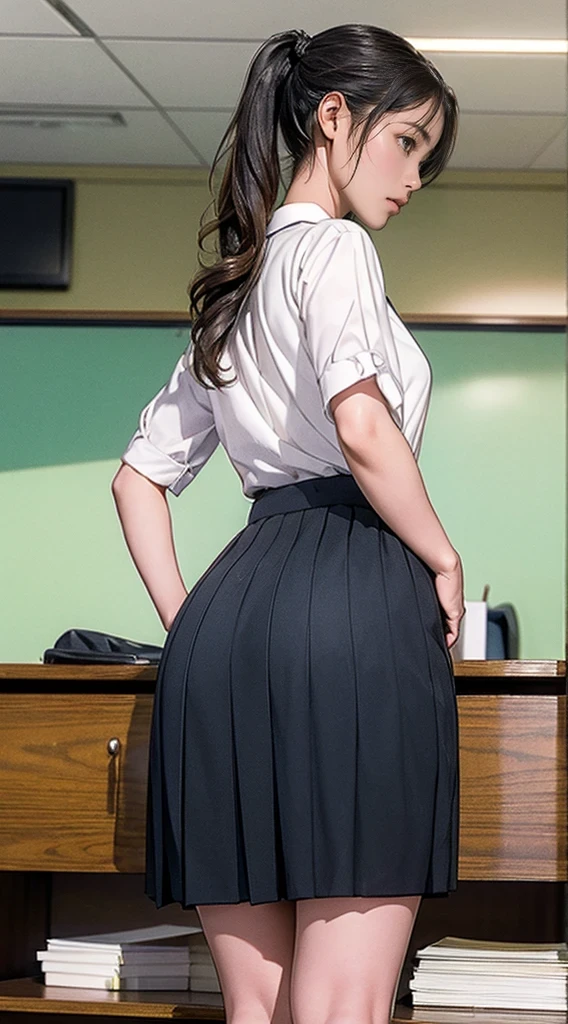 (masterpiece、highest quality、highest resolution、clear_image、Detailed details): (full body figure、15 year old girl、from behind, 1 walking girl, beautiy Japanese office lady, (smile:0.5), (looking at the the viewer), 30 years old, bit chubby, white shirt, black skirt, office room, desk, (small breasts, buttocks:1.2), detailed beautiful face, wavy pony-tail hair, from below,