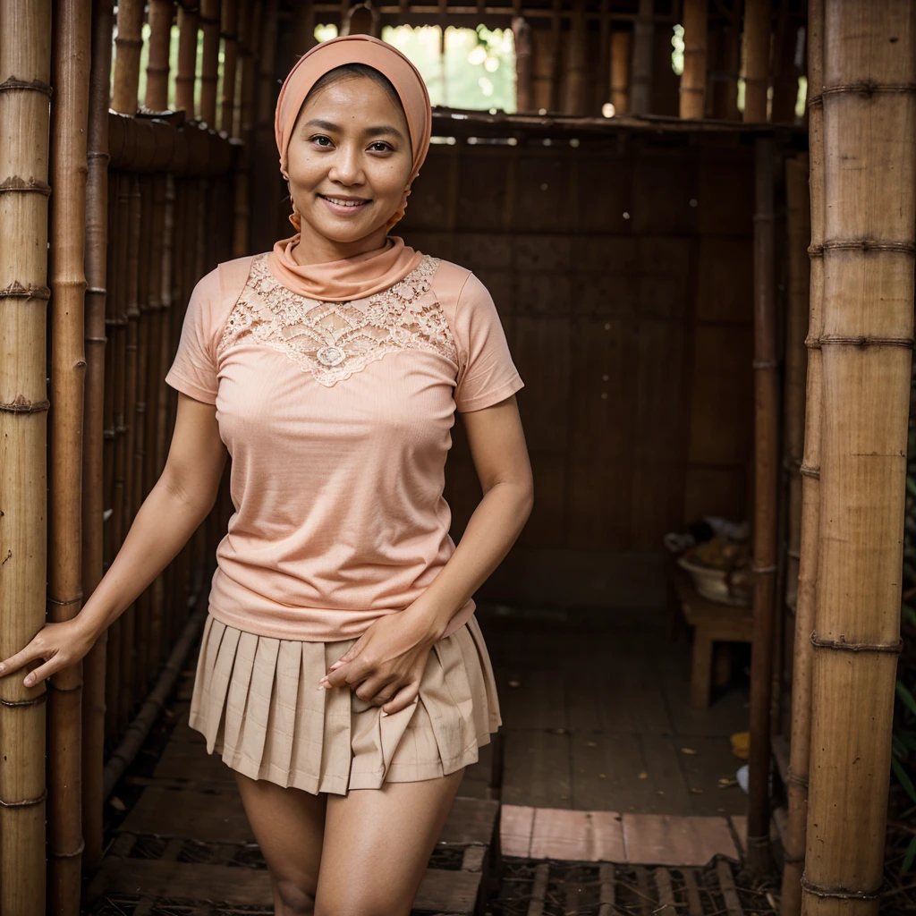A 52 years old Indonesian woman in peach color hijab, wearing peach color lace tight t-shirt, wearing very short peach color lace pleated skirt, villager, poor woman, darker skin, curvier body, short body, smiling and standing in the old bamboo cabin in a forest, look to the viewer with eye close