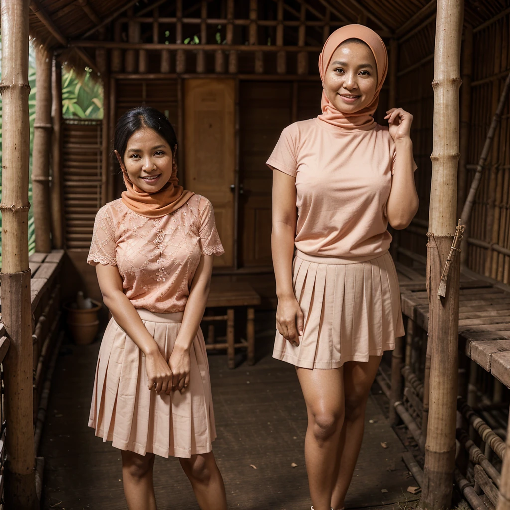 A 52 years old Indonesian woman in peach color hijab, wearing peach color lace tight t-shirt, wearing very short peach color lace pleated skirt, villager, poor woman, darker skin, curvier body, short body, smiling and standing in the old bamboo cabin in a forest, look to the viewer with eye close