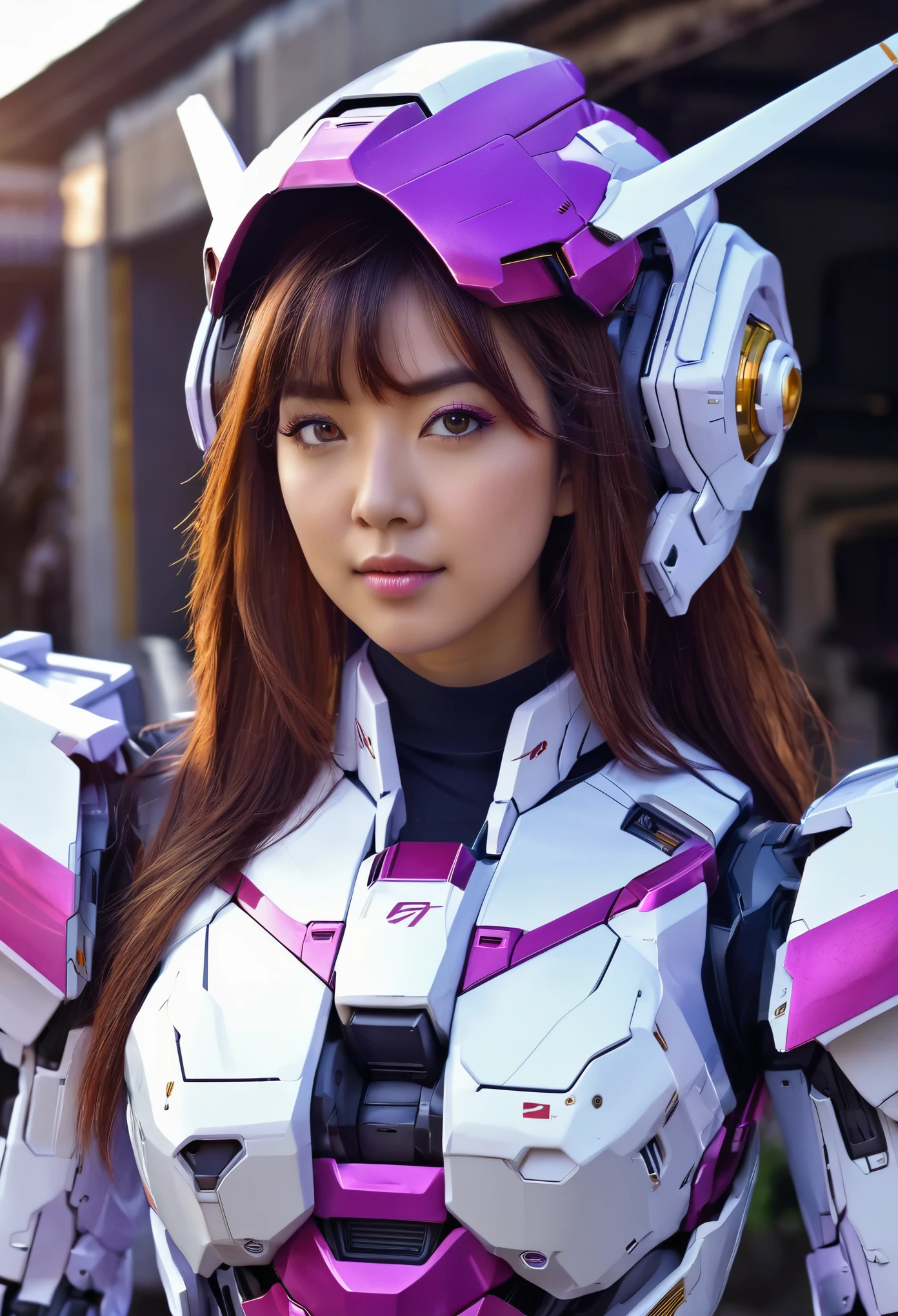 RAW, Masterpiece, Ultra Fine Photo,, Best Quality, Ultra High Resolution, Photorealistic, Sunlight, Full Body Portrait, Stunningly Beautiful,, Dynamic Poses, Delicate Face, wearing a mecha helmet neon, Vibrant Eyes, a full body of a woman in a purple and white gundam custume, dybamic pose, long brown very very long hair rapunzel, girl in mecha cyber armor, portrait armored astronaut girl, d. va from overwatch, female mecha, on a gundam, gundam head, chiho aoshima color scheme, mobile suit, streamlined purple armor, fully robotic!! girl, realistic cosplay, gundam armor (dynamic pose) (best cameraview), full body, sit down, full body