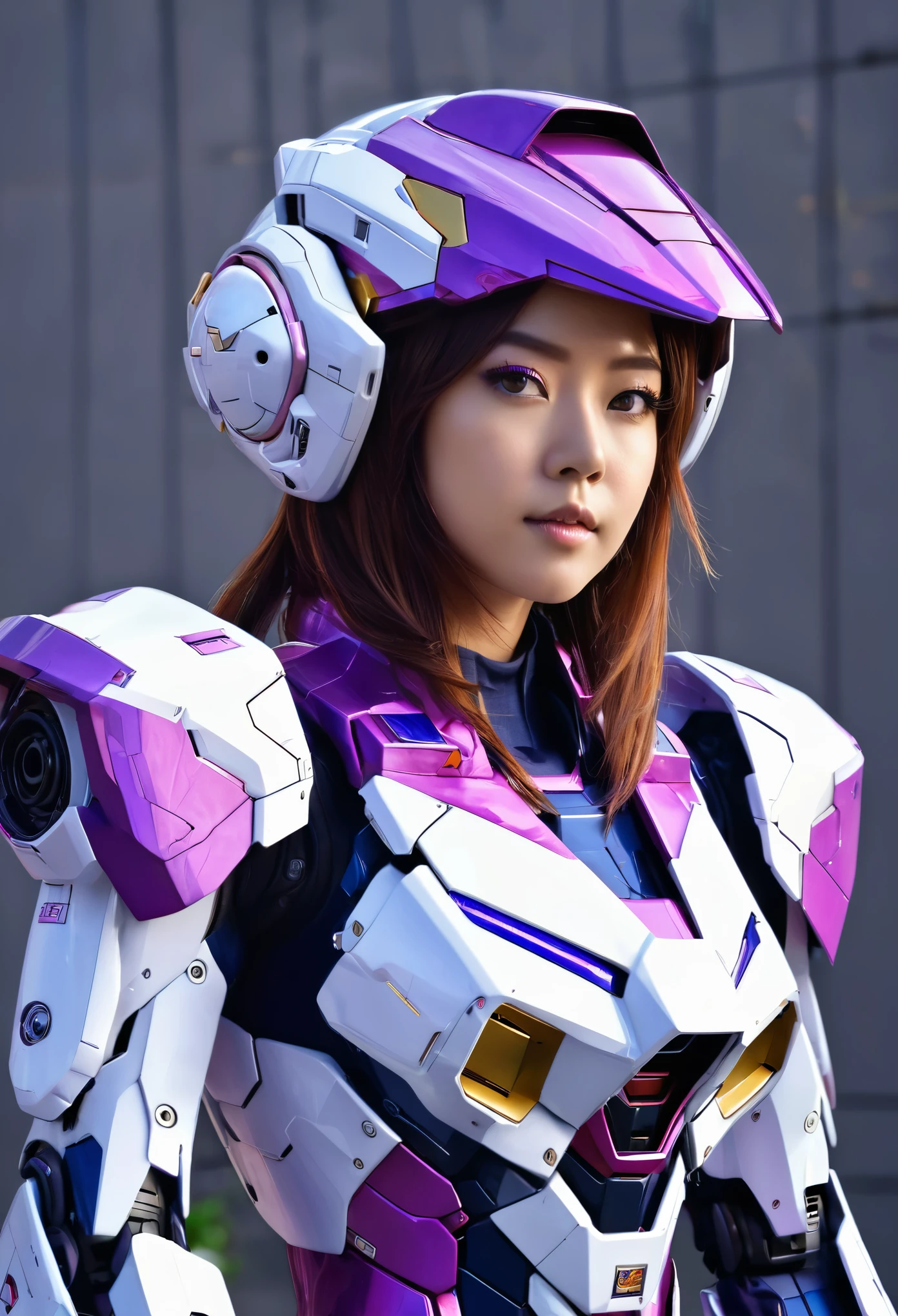 RAW, Masterpiece, Ultra Fine Photo,, Best Quality, Ultra High Resolution, Photorealistic, Sunlight, Full Body Portrait, Stunningly Beautiful,, Dynamic Poses, Delicate Face, wearing a mecha helmet neon, Vibrant Eyes, a full body of a woman in a purple and white gundam custume, dybamic pose, long brown very very long hair rapunzel, girl in mecha cyber armor, portrait armored astronaut girl, d. va from overwatch, female mecha, on a gundam, gundam head, chiho aoshima color scheme, mobile suit, streamlined purple armor, fully robotic!! girl, realistic cosplay, gundam armor (dynamic pose) (best cameraview), full body, sit down, full body