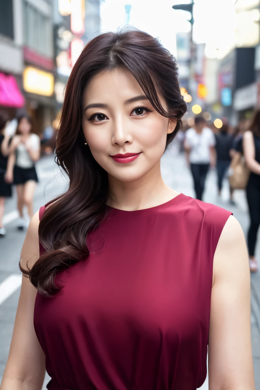 highest quality, 8K resolution, master piece, professional photography, 50 year old beauty with idol face, wrinkled face, Walking through the streets of Harajuku, She is wearing an elegant and stylish crimson top., Close-up photo of the face, (((facing forward))), (((view audience))), best smile, wrinkles around the eyes, stand gracefully, plump and soft body, The most elegant and beautiful berry long wavy hair, swollen chest, perfect makeup, beautiful lipstick, Elegant eyeshadow, long eyelashes, Super high resolution glossy skin