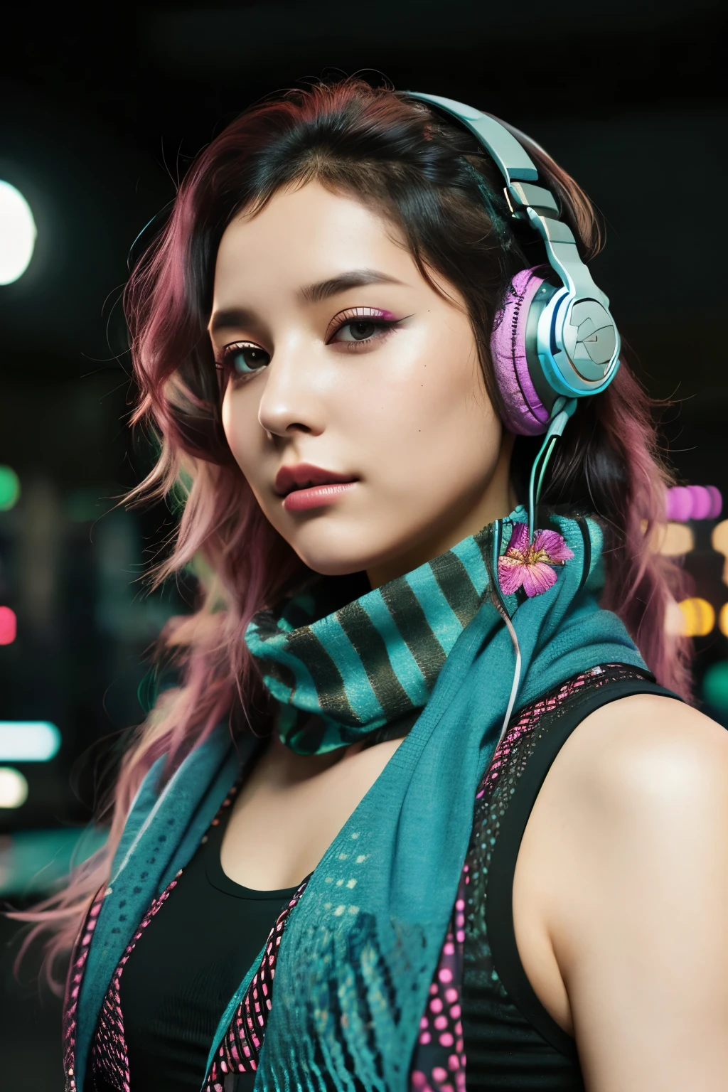 cyberpunk,tank_top,fishnets,headphones_around_neck,polka_dot_scarf,makeup flower,wavy hair,