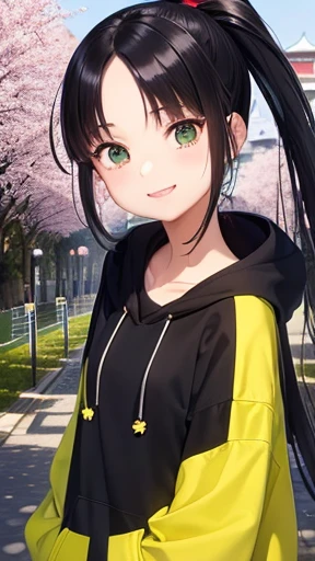 highest quality、realistic、Japanese、girl、zoom、look up、cute、Green eyes、ponytail、black hair、all back、Forehead is coming out、playground、long hoodie、long skirt、sneakers、stroll、Cherry blossom trees、joy、smilingly