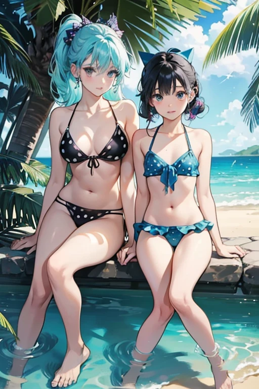 The Bikini Babes are humanoids with the appearance of conventionally attractive young human females with turquoise, blue, or lavendar-tinted skin and black dot eyes. Each wears a different two-piece bikini (with the exception of one), are barefoot and have different hairstyles, while some wear sunglasses or bows in their hair. Their voices are soft and sweetly lilting. SPARKLE; GLITTER