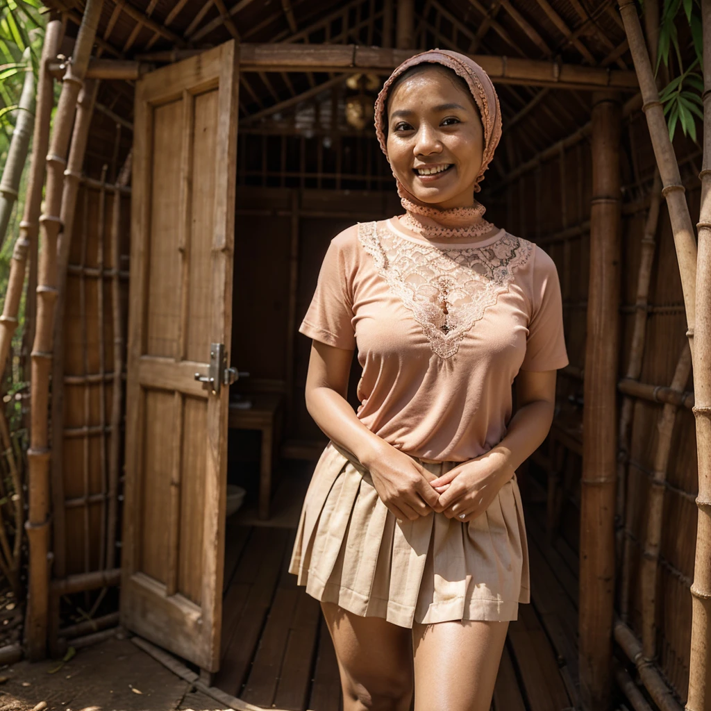 A 52 years old Indonesian woman in peach color hijab, wearing peach color lace tight t-shirt, wearing very short peach color lace pleated skirt, villager, poor woman, darker skin, curvier body, short body, smiling and standing in the old bamboo cabin in a forest, look to the viewer with eye close