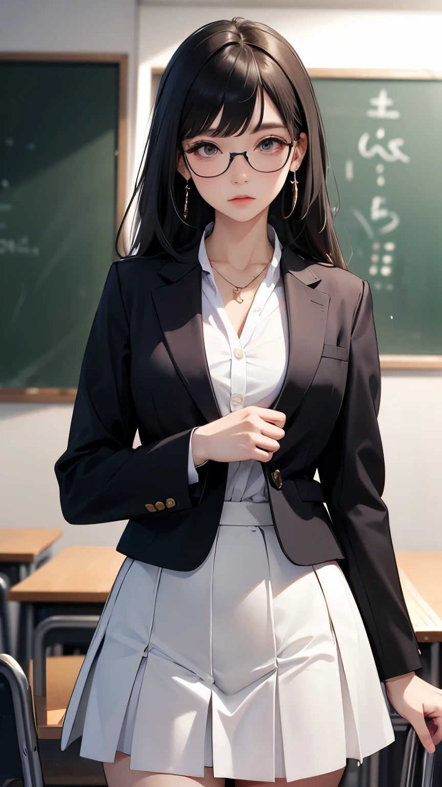 black hair, bangs, hair behind ear, very long hair, jewelry, earrings, masterpiece, textured skin, high details, best quality, Adult woman, high school teacher, wearing a jacket, dark blue suit, white blouse, tight skirt, mature woman, good figure, standing alone in the classroom, in class,eyeglass