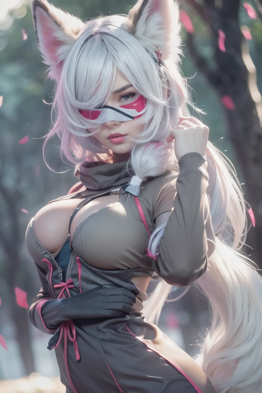 1girl, wlop, (blindfold), breasts, cleavage, cleavage cutout, dress cutout, green background, hair between eyes, headband, high resolution, juliet sleeves, long sleeves, nier (series), nier automata, fluffy sleeves, red lips, shadow face, short hair, solo, turtleneck sweater, upper body, l blue hair, sky, white fox ears, white fox tail, nine-tailed fox,