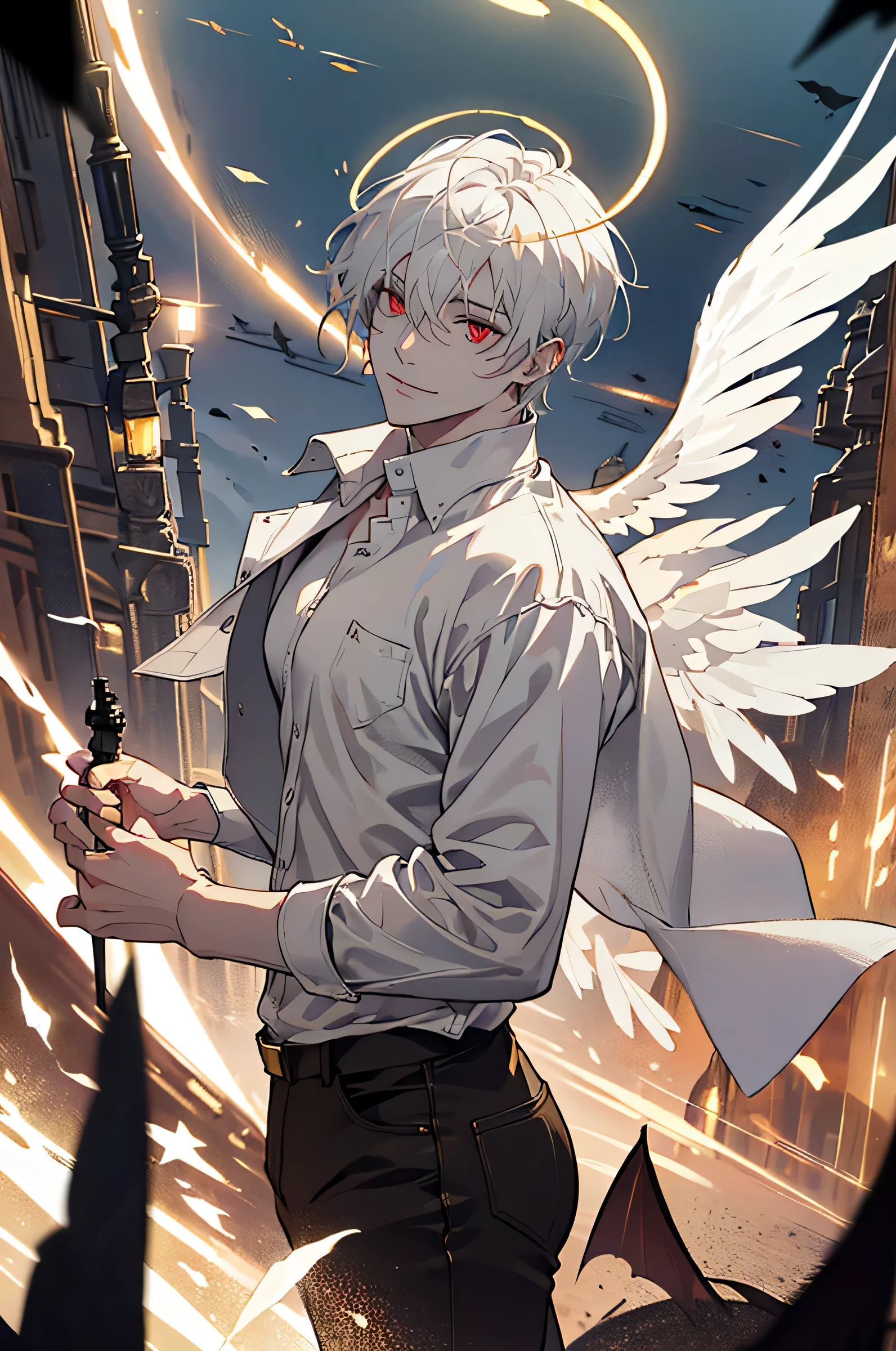 (absurdres, highres, ultra detailed), 1man, 30 years old man, adult man, handsome, tall,, finely detailed eyes and detailed face, leather pants, (((white shirt))), smile, dutch angle, ((Short, White hair)), gold details, gothic, vampire, vampire prince, looking at the view, pale skin, detailed eyes, (masculine), sexy, elegant, (((red eyes))), high quality eyes, well built body, sunny, sun, bright sky, proper hands, male, (golden glowing halo: 1.2), anime style, ((landing_wings, large white Angel Wings on his back)), body facing camera. flying in the sky