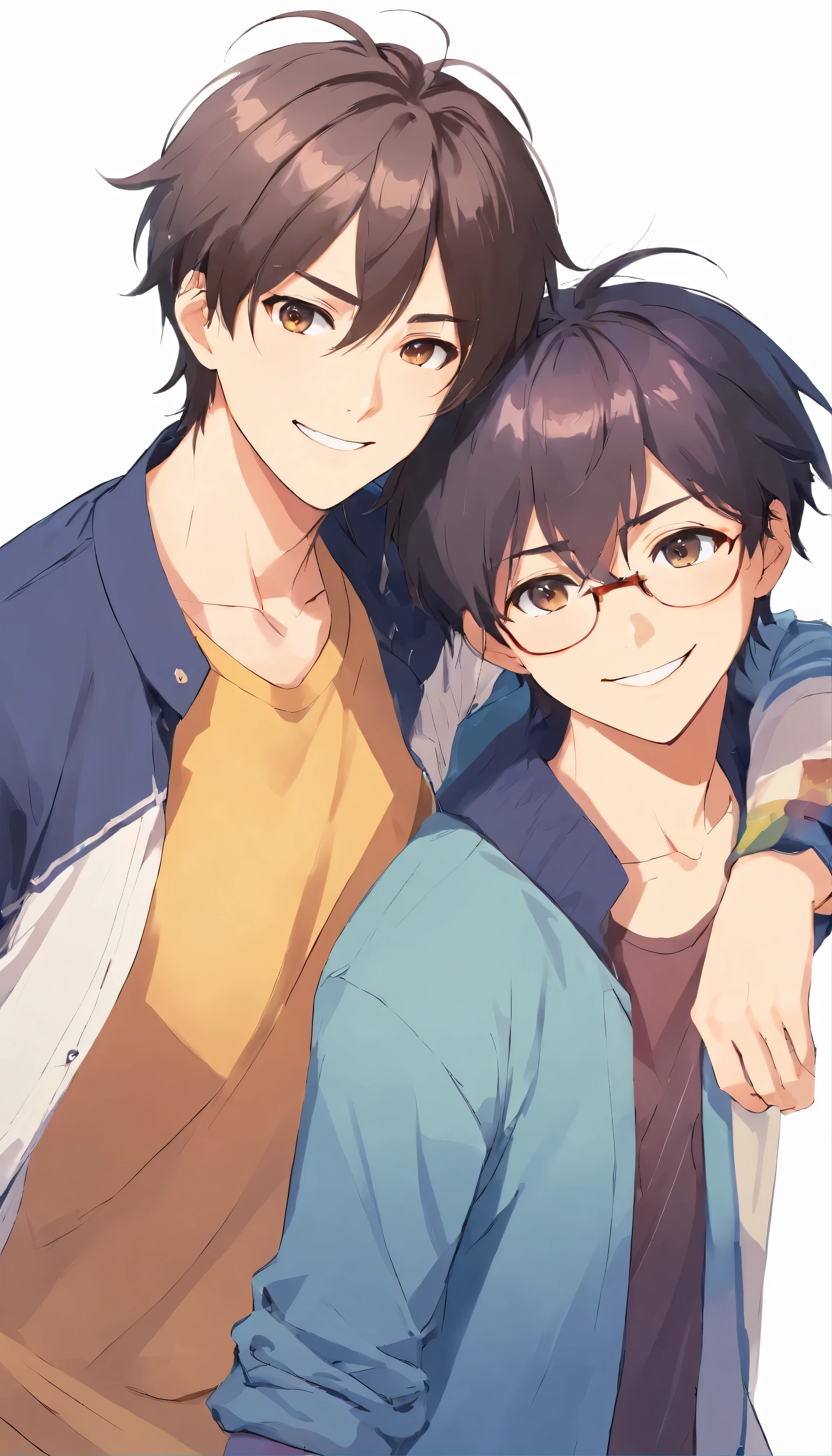 (((white background:1.2)))、(((masterpiece))),(best quality),(((facing the viewer)))、Two gay men in their 40s、casual clothes, smile,frontal face