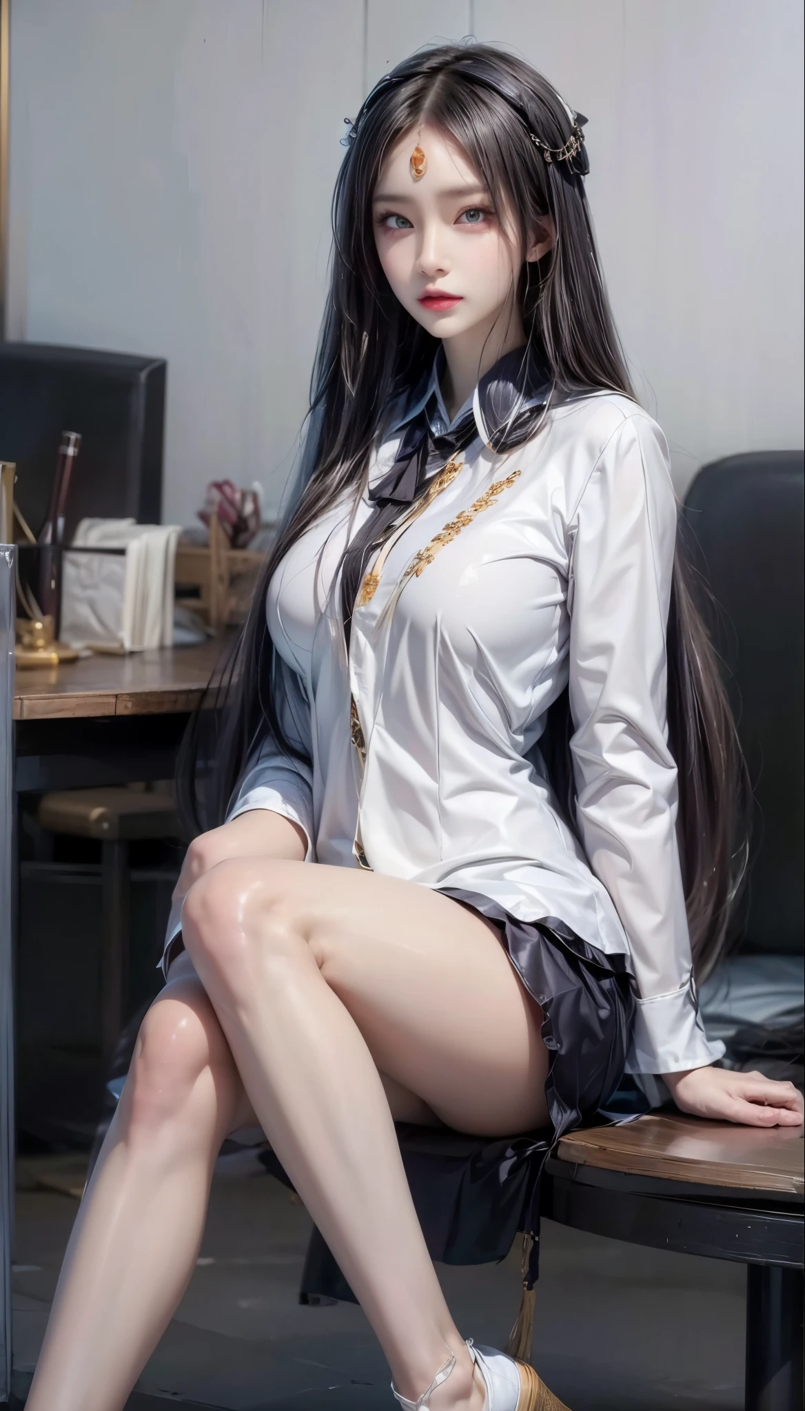 realistic, 1gril, per HD, 12k, wearing Allstars shoes, slim body, rather big body, six pack body, big round breasts, no clothes, beautiful breasts, looking at the camera, sitting on the sofa, long black hair, facial details, detailed person, body details, clothing details, hair details, body details, body details, breast details, vagina details, clothes, eye details, sweat details, water details, pose (knees bent and legs wide apart) whole body