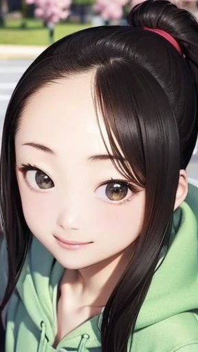 highest quality、realistic、Japanese、girl、zoom、look up、cute、Green eyes、ponytail、black hair、all back、Forehead is coming out、playground、long hoodie、long skirt、sneakers、stroll、Cherry blossom trees、joy、smilingly