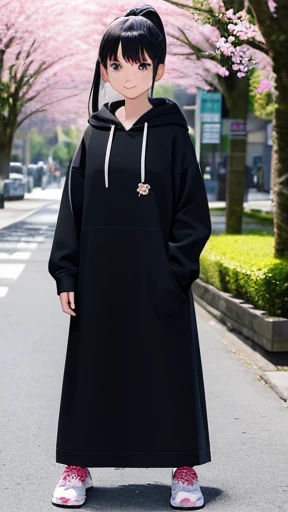 highest quality、realistic、Japanese、girl、zoom、look up、cute、Green eyes、ponytail、black hair、all back、Forehead is coming out、playground、long hoodie、long skirt、sneakers、stroll、Cherry blossom trees、joy、smilingly