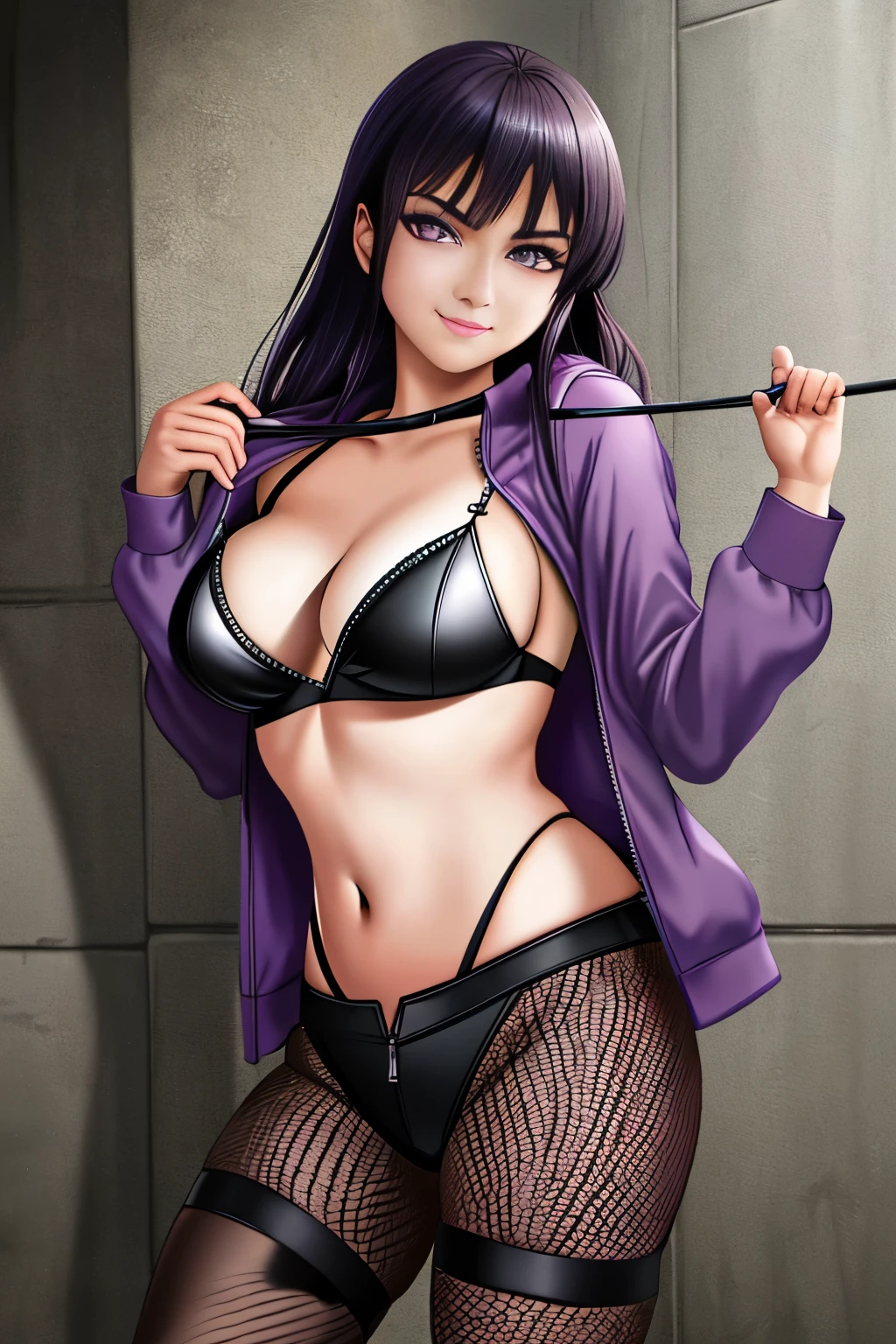 Masterpiece, highres, high Quality, detailed face, detailed body render, 1girl, solo, Anko Mitarashi, Mitarashi-Anko, dark hair, purple lipstick, revealing outfit, fishnet top, unzipped jacket, no bra, ample bosom, standing confidently, seductive smirk, (in a dark alley)