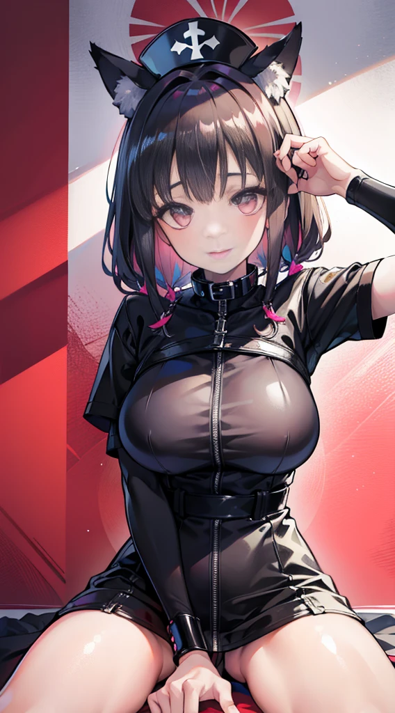 high quality, masterpiece, super detailed, 1 girl, Detailed face,Black nurse,nurse cap,handcuffs,collar,Calm expression,bright red lips,Smile,handcuffs,collar,long black hair, charming pink eyes, fox ears, Ridiculously big, shiny skin, Sitting in a hospital bed,hospital background,hospital ward