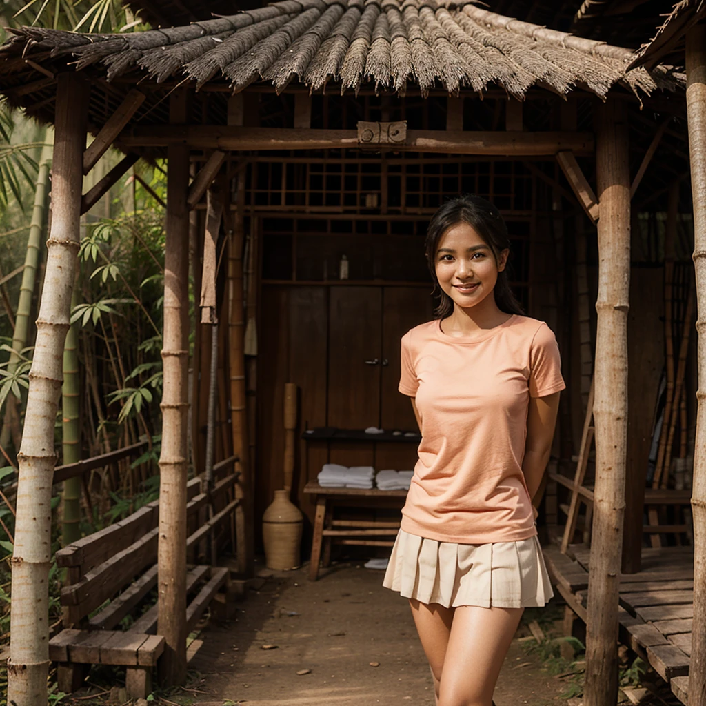 A 18 years old Indonesian woman in peach color hijab, wearing peach color lace tight t-shirt, wearing very short peach color lace pleated skirt, villager, poor woman, darker skin, curvier body, short body, smiling and standing in the old bamboo cabin in a forest, look to the viewer with eye close