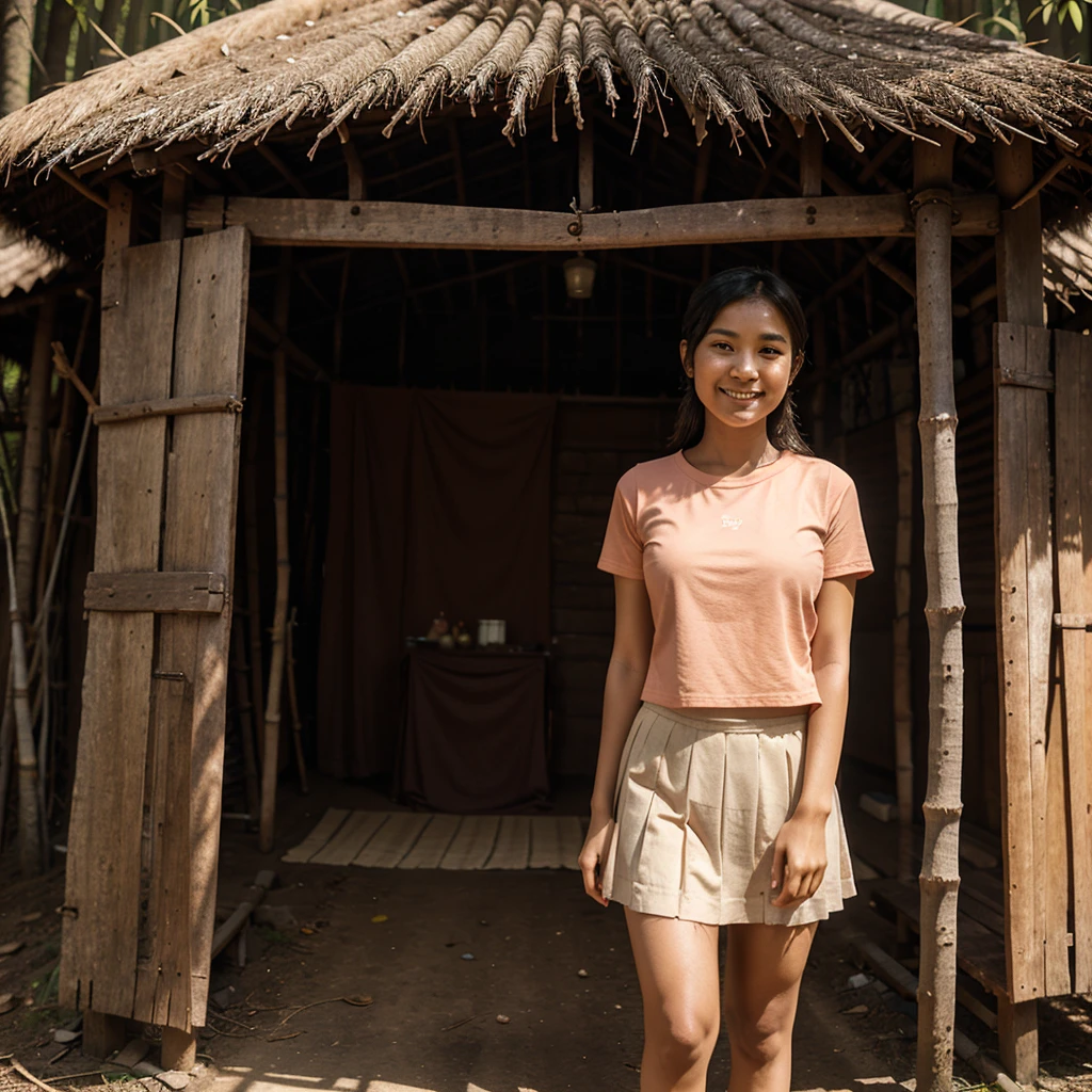 A 18 years old Indonesian woman in peach color hijab, wearing peach color lace tight t-shirt, wearing very short peach color lace pleated skirt, villager, poor woman, darker skin, curvier body, short body, smiling and standing in the old bamboo cabin in a forest, look to the viewer with eye close