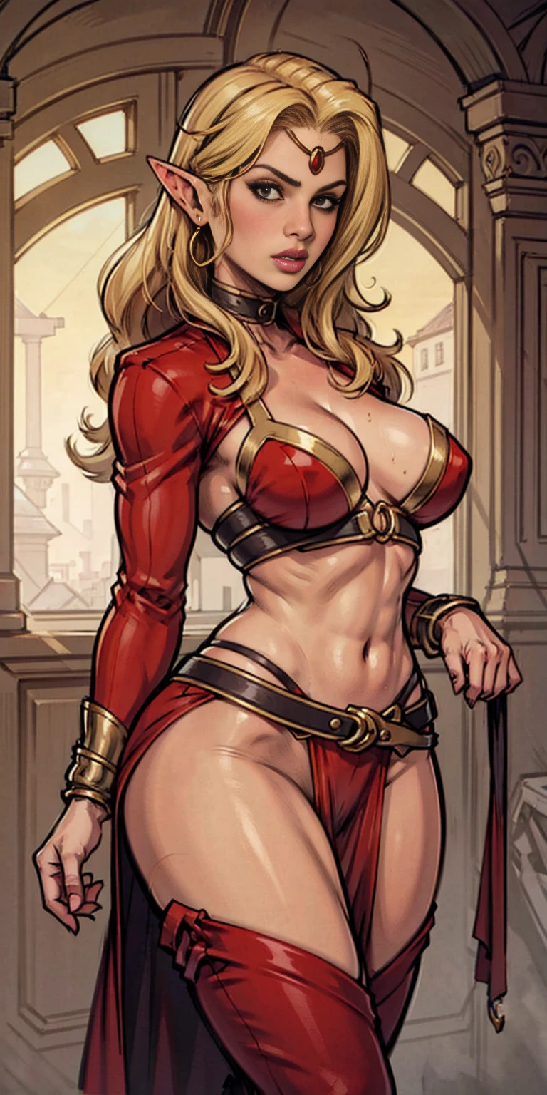 Warrior elf, elf ears, long golden blonde hair, gerudo clothes, big , sexy lips, glossy lips, adult