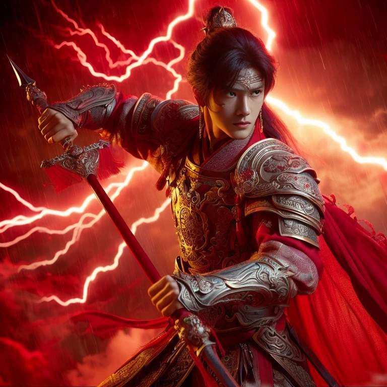 (Masterpiece:1.2), (Best Quality:1.2), (high resolution:1.2), (beautiful face and eye:1.2), (sharpest focus:1.2), (Ultra-realistic Photo:1.2), (Ultra-precise Photo:1.2), (Depth of field:1.2), (8k high resolution:1.2), (perfect :1.2), (nice hands:1.5), 
(perfect hands:1.5), (Very young, beardless, beautiful Chinese man:1.8), (Light clothing:1.0), (All red clothing:1.3), (A spear with a very elaborate and gaudily decorated small axe is swung widely:1.3), Fierce single combat, 
(A small hill with glowing red lightning bolt:1.0), (look into the distance:1.2), (look into the distance:1.2), 