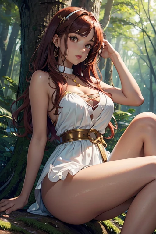 ((best quality)) ((best quality)), ((masterpiece)), (detailed), 4k image, anime style, beautiful woman, astoundingly beautiful girl, caramel brown skin, white knee length dress draped loosely on her body, leaning against a tree, forest background, full cherry red lips, fox eyes, oval face, bright gold brown eyes eyes, slim waist, medium height, average breasts, African-American facial features, age looks, not fully developed body, dark vermillion red hair