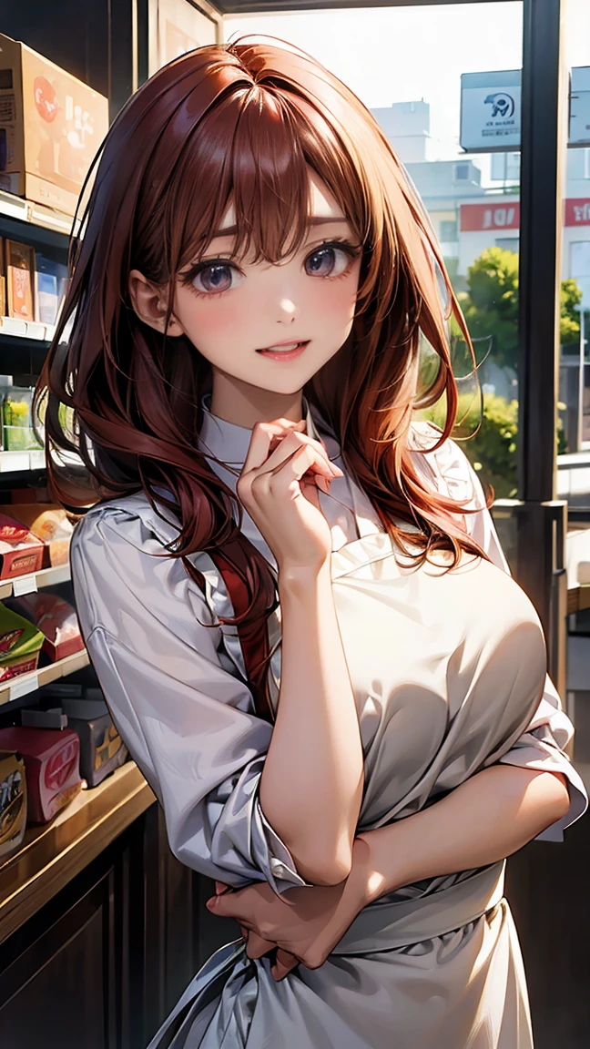 A breathtaking masterpiece、Captured in breathtaking 8K resolution、The portraits are exquisitely detailed and realistic.。The scene is bathed in HDR light.、Depicts a beautiful woman at a medium distance、(chignon、red hair)、medium breasts、high school girl、(convenience store clerk、white blouse、The apron is clean、Has the store logo。A name tag is attached to the chest、We welcome our customers with a bright smile。)、In a perfect contrapposto pose、Her hands were delicately placed on her head、Smiling amiably at the viewer。She exudes an aura of grace and charm.。