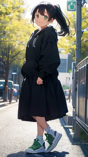highest quality、realistic、Japanese、girl、zoom、look up、cute、Green eyes、ponytail、black hair、all back、Forehead is coming out、playground、long hoodie、long skirt、sneakers、stroll、Cherry blossom trees、joy、smilingly