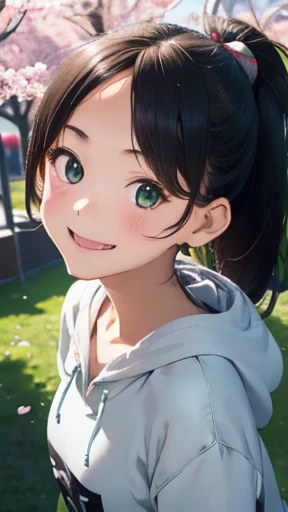 highest quality、realistic、Japanese、girl、zoom、look up、cute、Green eyes、ponytail、black hair、all back、Forehead is coming out、playground、long hoodie、long skirt、sneakers、stroll、Cherry blossom trees、joy、smilingly