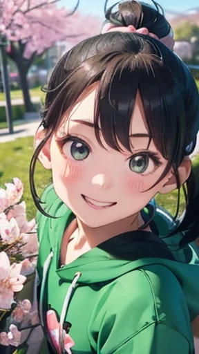 highest quality、realistic、Japanese、girl、zoom、look up、cute、Green eyes、ponytail、black hair、all back、Forehead is coming out、playground、long hoodie、long skirt、sneakers、stroll、Cherry blossom trees、joy、smilingly
