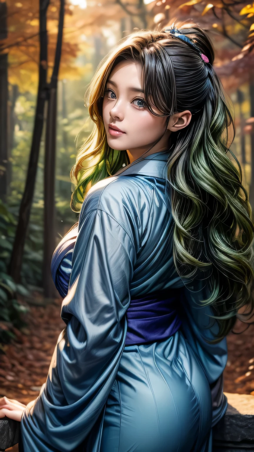 Photographed in a forest of autumn leaves、High resolution photos。Gorgeous young woman posing、Surrealistically drawn in Unity 8k。she is slender and curvaceous、Long curly hair flowing down her back、With detailed faces and eyes、It looks like it shines in the dark。(She is black・green・Wearing a white bell sleeve yukata)、1 girl, ((masterpiece、highest quality、Super fine、High resolution))、4K quality、((Beautiful woman))、22 years old、wet skin、shining eyes、perfect eyes、((Beautiful Nordic girl))、((long wavy hair))、Portrait、(((Wearing a bell sleeve yukata)))、masterpiece、highest quality、Super fine、High resolution))、4K quality、