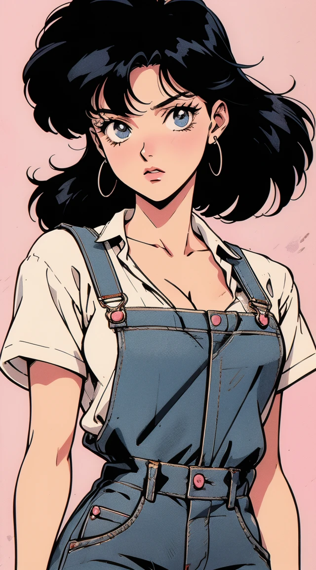 anime girl, 90s anime, vintage classic anime aesthetic, pink overalls, white shirt, short overalls, long black hair, cleavage, dinamic poses