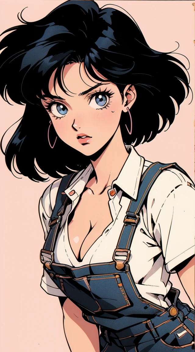 anime girl, 90s anime, vintage classic anime aesthetic, pink overalls, white shirt, short overalls, long black hair, cleavage, dinamic poses