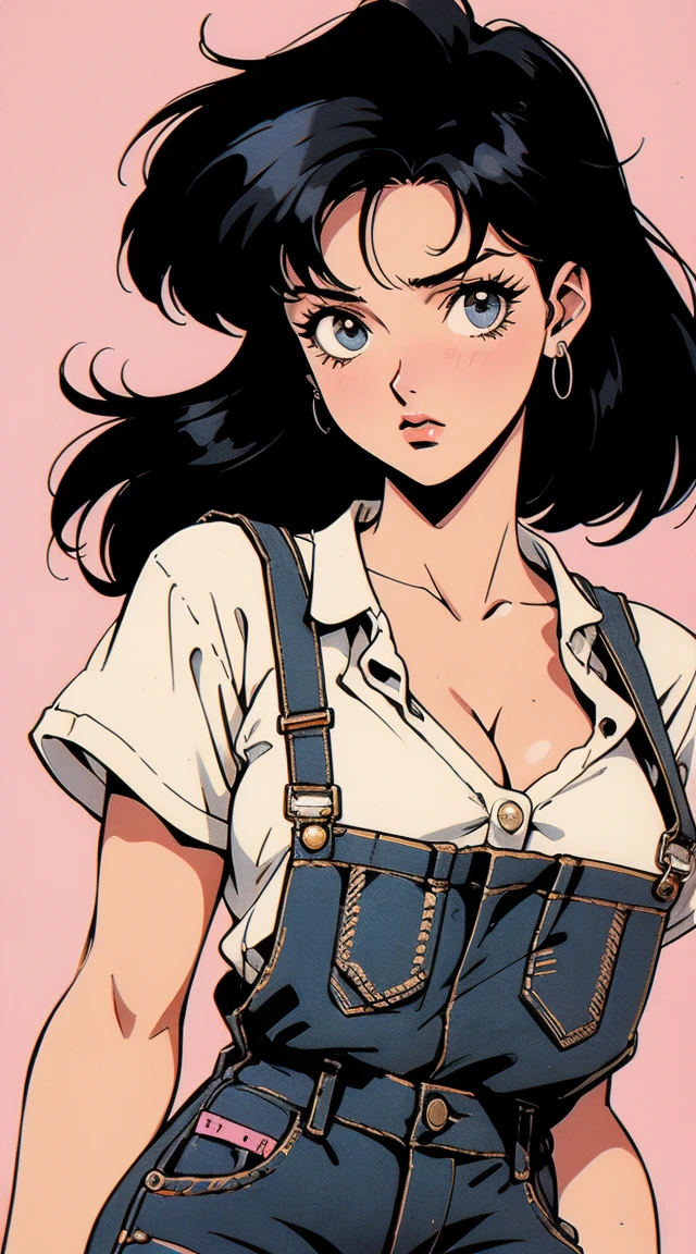 anime girl, 90s anime, vintage classic anime aesthetic, pink overalls, white shirt, short overalls, long black hair, cleavage, dinamic poses