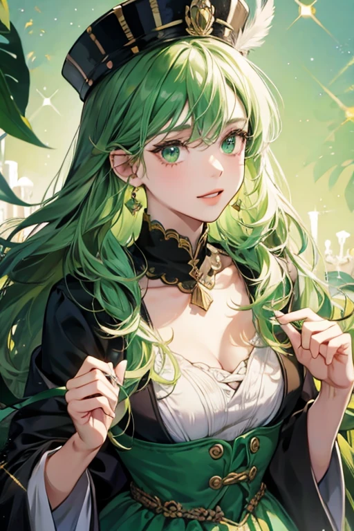 she wears a band around her head with a green oval-shaped gem hanging down.
Her fake husband was made of green gelatin and olives. "He" had a long handlebar mustache and a feathered hat. SPARKLE; GLITTER