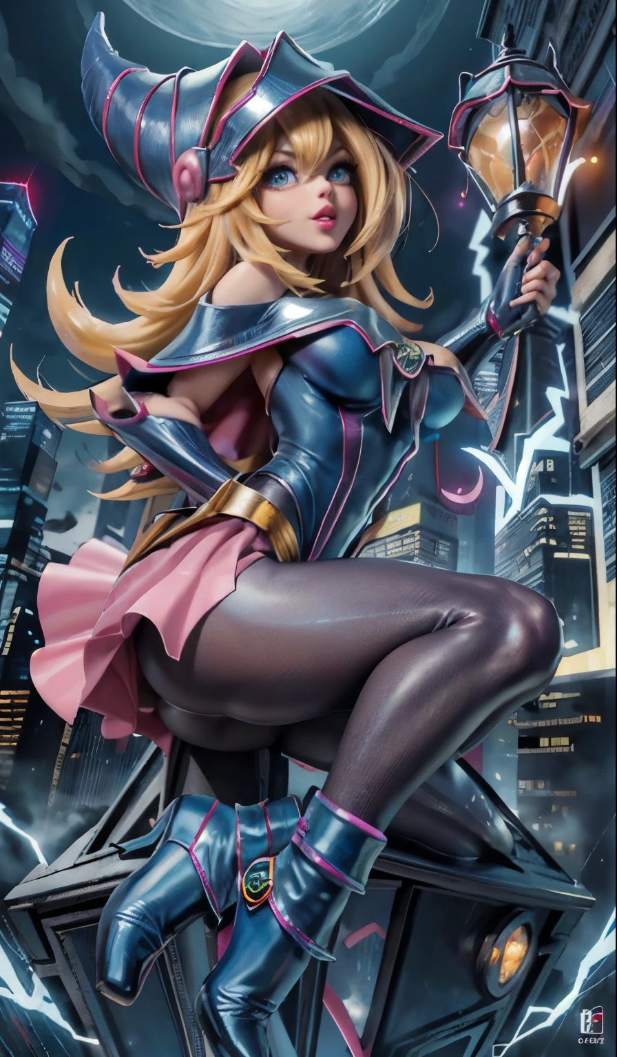 Dark magician gils spiderman version (obra maestra, 4K resolution, ultrarrealista, Muy detallado), (White superhero theme, charismatic, hay una chica en la cima de la ciudad, vistiendo disfraz de Spider-Man, she is a superhero), [ ((25 years), (pelo largo y rubio:1.2), cuerpo completo, (blue eyes:1.2), ( saltando de un edificio a otro), ((entorno urbano arenoso):0.8)| (paisaje urbano, por la noche, dynamic lights), (Luna llena))] # Explanation: The message mainly describes a 4K ultra high definition painting., Muy realista, Muy detallado. Shows a superheroine on top of the city., vistiendo un disfraz de Spider-Man. The theme of the painting is a superhero theme. Pose sensual y inocente 