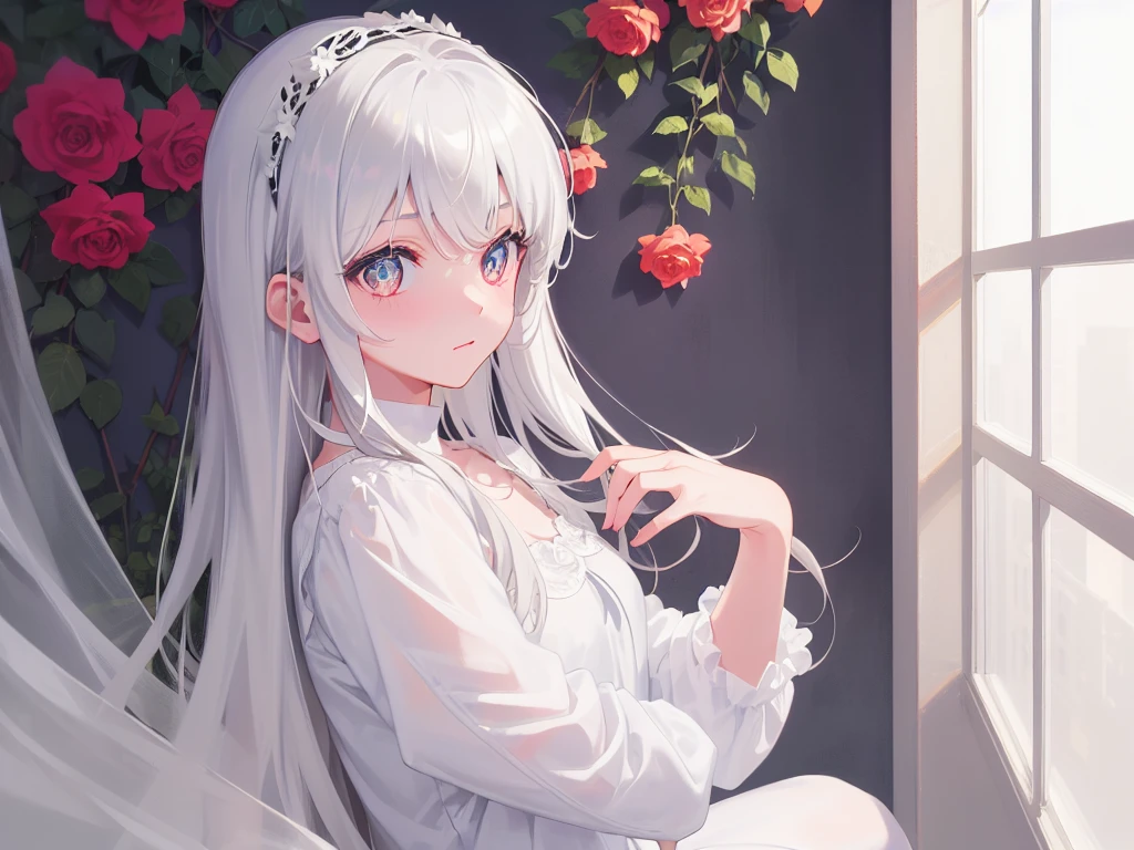 ((masterpiece, best quality))++, Detail lights+, detail hair+, Detail hand+ ,1 girl, Honey, long gray hair, dark red eyes, beautiful eyes, Young gray hair,,(beautiful white hair:1.5),(beautiful eyes), high resolution+, black stockings , a white pajamas, Glass tones, Reflective eyeanyery detail wallpaper, The original, ,Headband ,Nature,White rose