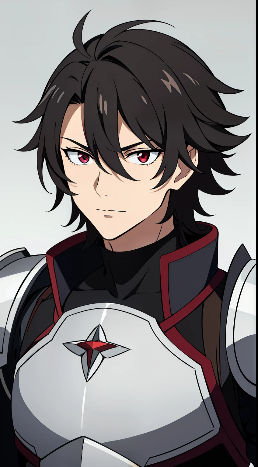 (high-quality, breathtaking),(expressive eyes, perfect face) 1boy, male, solo, age 20, young adult age, masculine face, black color hair, red eye color, spiky fluffy hair, medium hair length, messy loose hair, narrow eyes, Symmetrical Eyes, portrait, soft smile, grey background, fantasy armor, mature, knight armor, hair between eyes, Blade Honkai