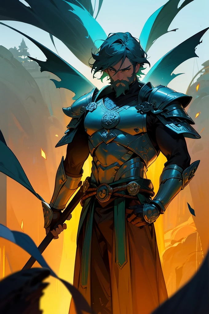 a wise and formidable warrior with a serene aura, portrayed by a man with a white beard, short hair, and a well-trained body, a detailed armor with intricate engravings, a sword shining with a mystical glow, intense eyes filled with determination, standing tall on a lush green battlefield, surrounded by ancient ruins and towering trees, rays of sunlight piercing through the dense forest, creating dramatic lighting effects, a peaceful yet powerful expression on his face, showcasing a deep understanding of the art of warfare, the atmosphere filled with a sense of ancient wisdom and hidden power, vibrant colors that highlight the warrior's strength and grace, a touch of magic in the air, hinting at the mythical creatures that might emerge from the shadows, a masterpiece created with the highest attention to detail, capturing every muscle, every strand of hair, and every emotion of the noble warrior.