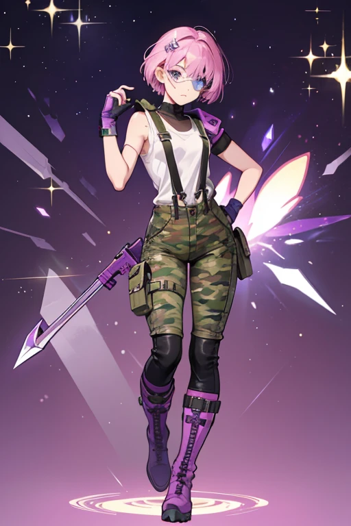 She is almost identical to her original counterpart but has short hair and wears an eyepatch to cover her right eye (presumably torn off by The Star). She wears a pink sleeveless t-shirt with suspenders that have both pockets and shoulder pads attached to it. Bonnibel also wears pink and purple military camouflage pants with Purple boots with two dark purple rings for each individual boot. She also holds a tiny dagger on a small holster on one of her boots. SPARKLE; GLITTER