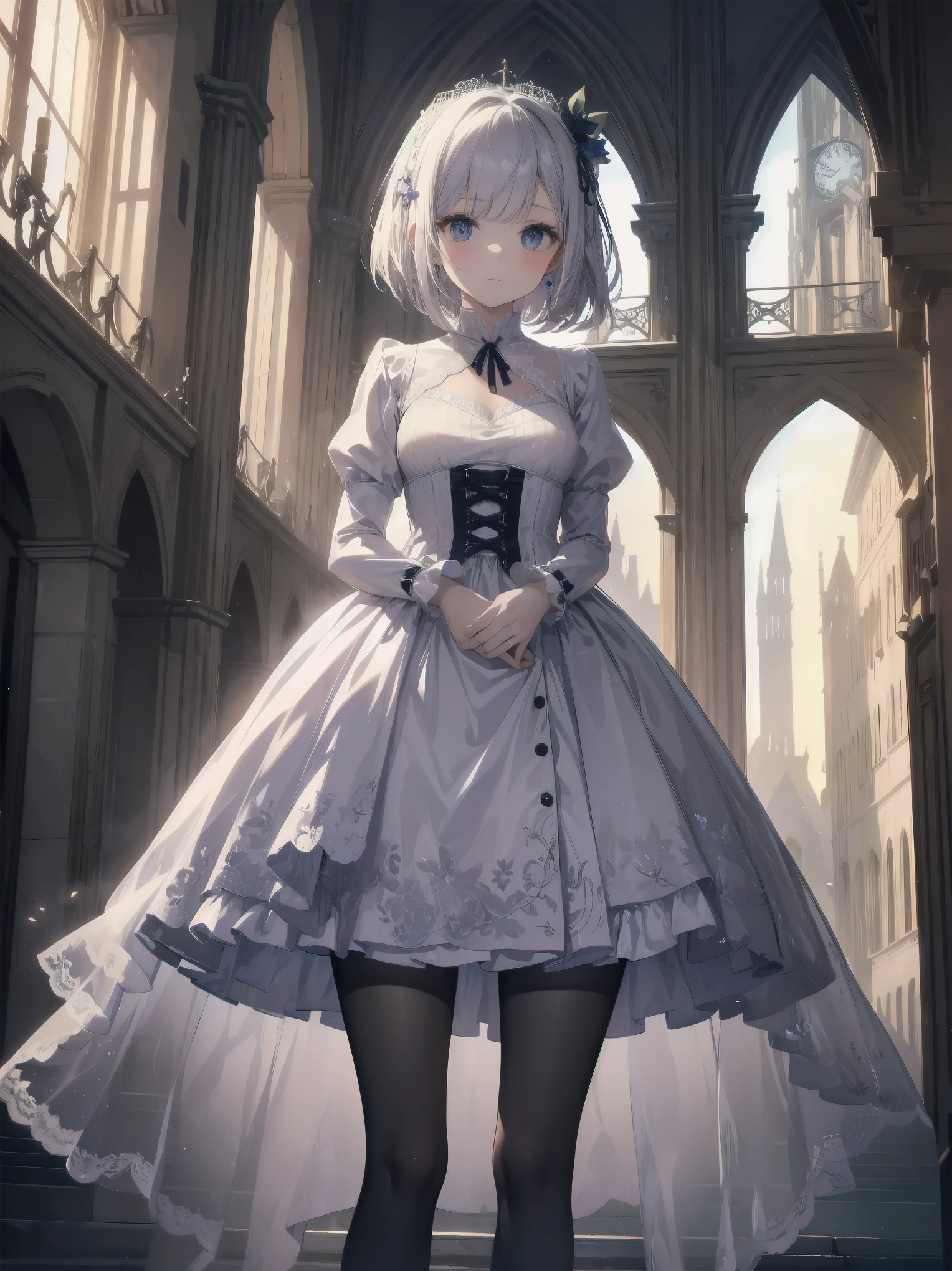 bride: wedding ring shining on ring finger Fusion of medieval European fashion Emphasis on elements of cuteness and adoration Posed illustration of the overwhelming cuteness of the character in the foreground Overwhelming architectural and cityscape background Ultra-detailed, rich, contemporary interpretation of medieval Europe and fantasy world Realistic textures, Professional artistic shading and light sources, scene-like cinematography and effects, depth of subject One beautiful girl, super cute, bob cut, side ponytail, perfect anatomy
Colours: pastel, white, pale purple, blue, gingham check
Materials: chiffon, lace, satin, velvet, etc. Silhouette: fluffy skirt, A-line, long length
Decoration: frills, ribbons, lace, pearls, embroidery etc. Coordinates Romantic princess: pastel dress, lace blouse, fluffy skirt, ribbon hair accessory, black tights Add accessories and accessories to personalise.
