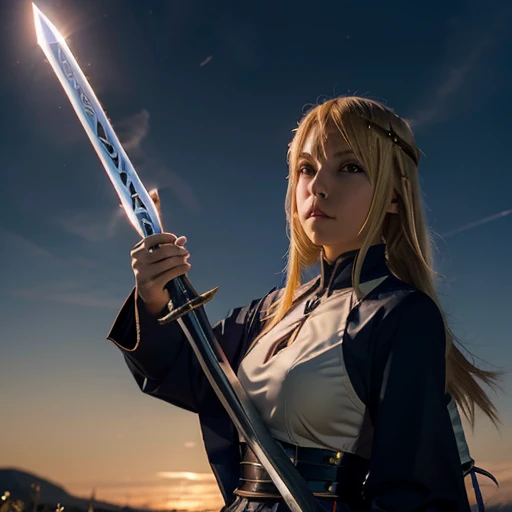 anime fate zero Saber's Cosplayed blonde beauty I can see the whole body Holding the holy sword Excalibur The background is a hill at dusk with a large number of swords stuck in it. The breeze is blowing