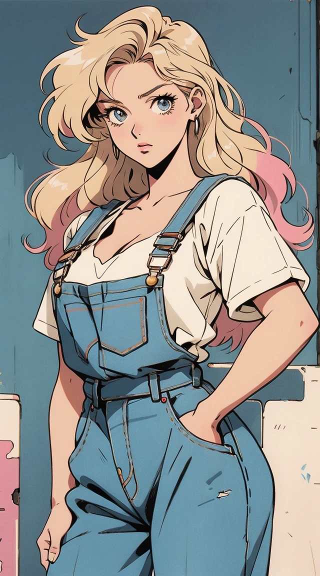 anime girl, 90s anime, vintage classic anime aesthetic, pink overalls, white shirt, short overalls, long blond hair, cleavage, dinamic poses