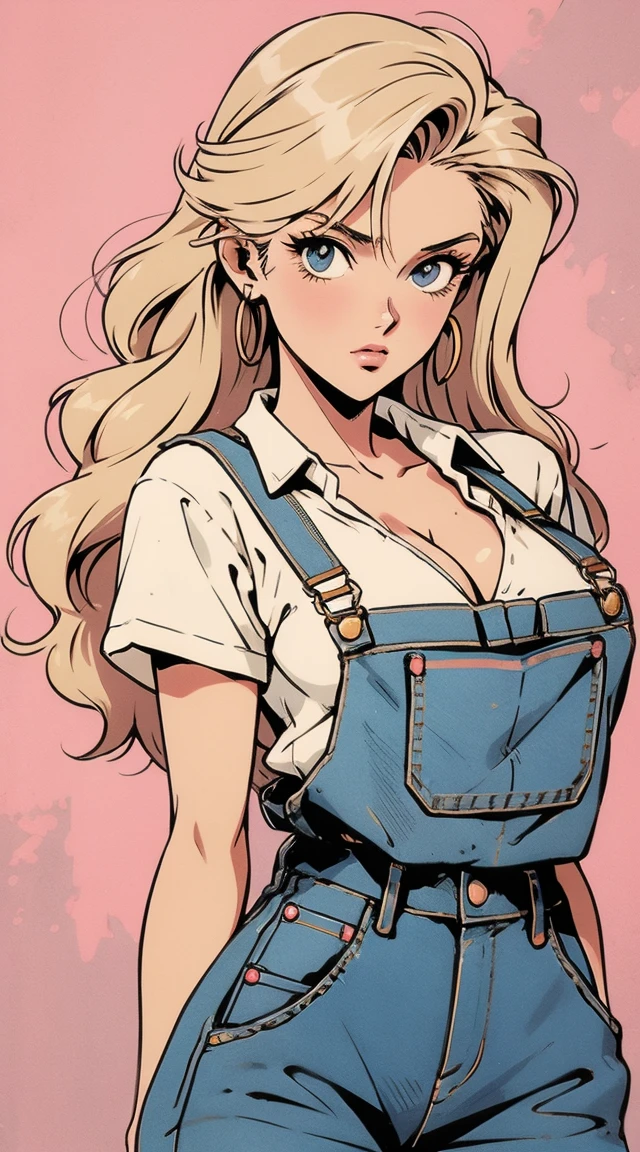 anime girl, 90s anime, vintage classic anime aesthetic, pink overalls, white shirt, short overalls, long blond hair, cleavage, dinamic poses