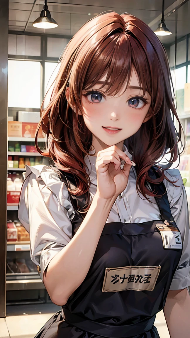 A breathtaking masterpiece、Captured in breathtaking 8K resolution、The portraits are exquisitely detailed and realistic.。The scene is bathed in HDR light.、Depicts a beautiful woman at a medium distance、((chignon:1.4、straight hair、red hair))、medium breasts、high school girl、(convenience store clerk、blouse、The apron is clean、Has the store logo。A name tag is attached to the chest、We welcome our customers with a bright smile。)、In a perfect contrapposto pose、Her hands were delicately placed on her head、Smiling amiably at the viewer。She exudes an aura of grace and charm.。