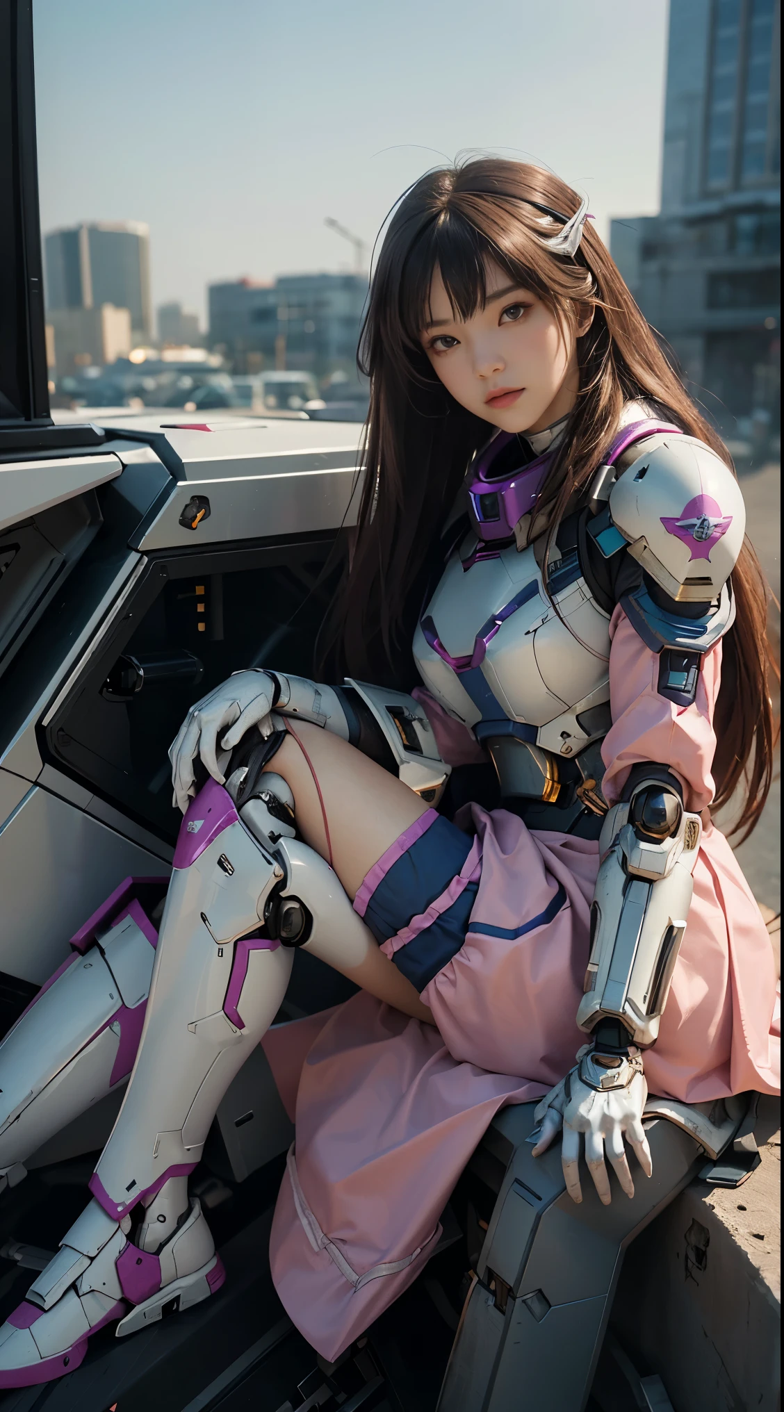 RAW, Masterpiece, Ultra Fine Photo,, Best Quality, Ultra High Resolution, Photorealistic, Sunlight, Full Body Portrait, Stunningly Beautiful,, Dynamic Poses, Delicate Face, Vibrant Eyes, (Side View) a close up of a woman in a pink and white gundam custume, dybamic pose, long brown very very long hair rapunzel, girl in mecha cyber armor, portrait armored astronaut girl, d. va from overwatch, female mecha, on a gundam, gundam head, chiho aoshima color scheme, mobile suit, streamlined purple armor, fully robotic!! girl, realistic cosplay, gundam armor (dynamic pose) (best cameraview), full body