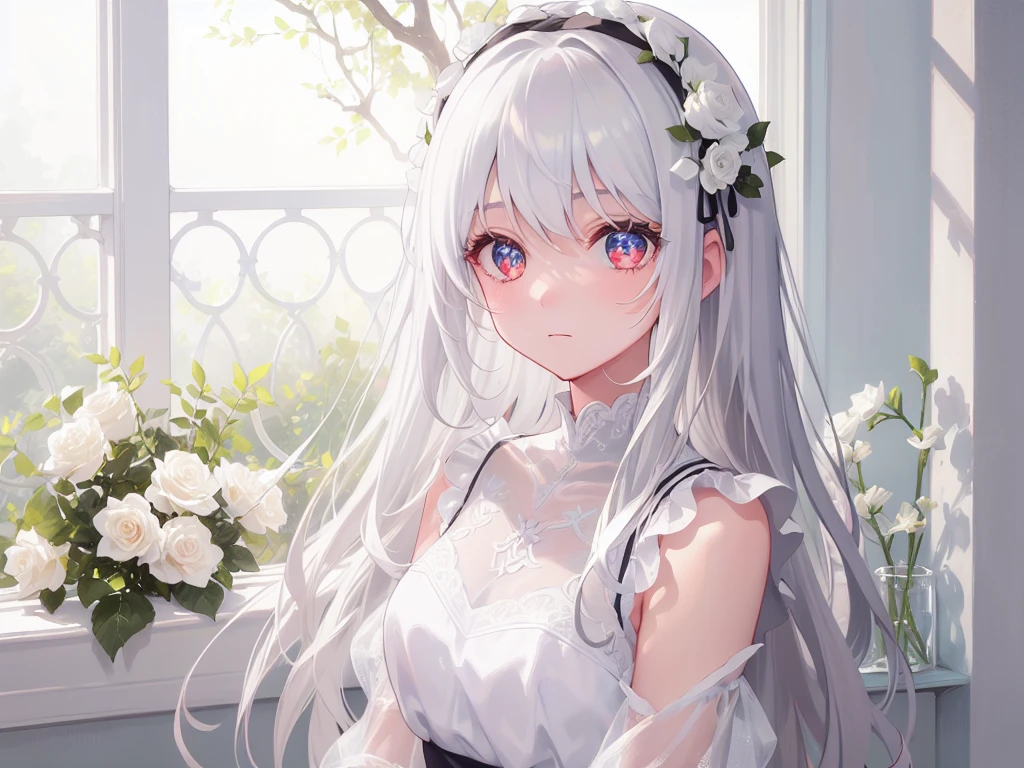 ((masterpiece, best quality))++, Detail lights+,  detail hair+, Detail hand+ ,1 girl, Honey, long gray hair,   dark red eyes,  beautiful eyes, Young gray hair,,(beautiful white hair:1.5),(beautiful eyes),    high resolution+,   black stockings  ， a white pajamas, Glass tones, Reflective eyeanyery detail wallpaper, The original, ,Headband ，Nature，White rose