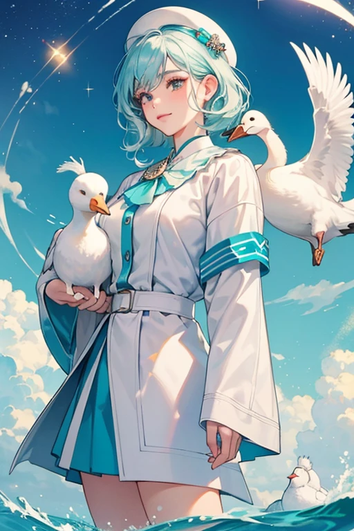 Boobafina is a white goose with a wavy teal band around her neck. The main difference in her and Mr. Goose's appearance is that his band is not wavy, and he doesn't have eyelashes. She seems to be shorter than Mr. Goose.  SPARKLE; GLITTER