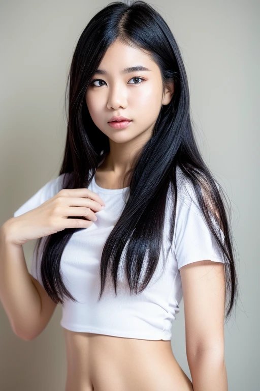 (Best quality:1.4), (ultra high resolution:1.2), (photorealistic:1.4), (8K, raw photo:1.2),(portrait shot:1.3), bmang powder, 1 girl, One, long hair, Black hair, Upper body, White shirt, crop top, navel, NSFW